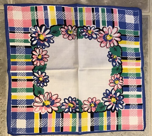 VINTAGE BAUMWOLLE TASCHENTUCH TASCHENTUCH BLUMEN UND KARIERTES DESIGN 12,5 X 13