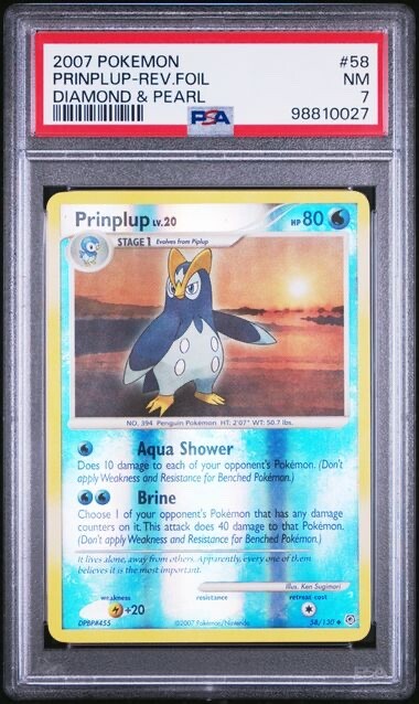 2007 POKEMON DIAMOND & PEARL 58 PRINPLUP-REVERSE FOIL PSA 7