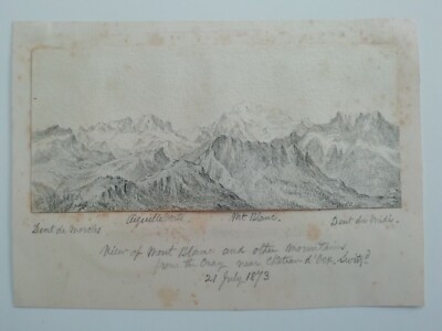 Original signierter Bleistift Alpenstudie 21. Juli 1873 - Mont Blanc