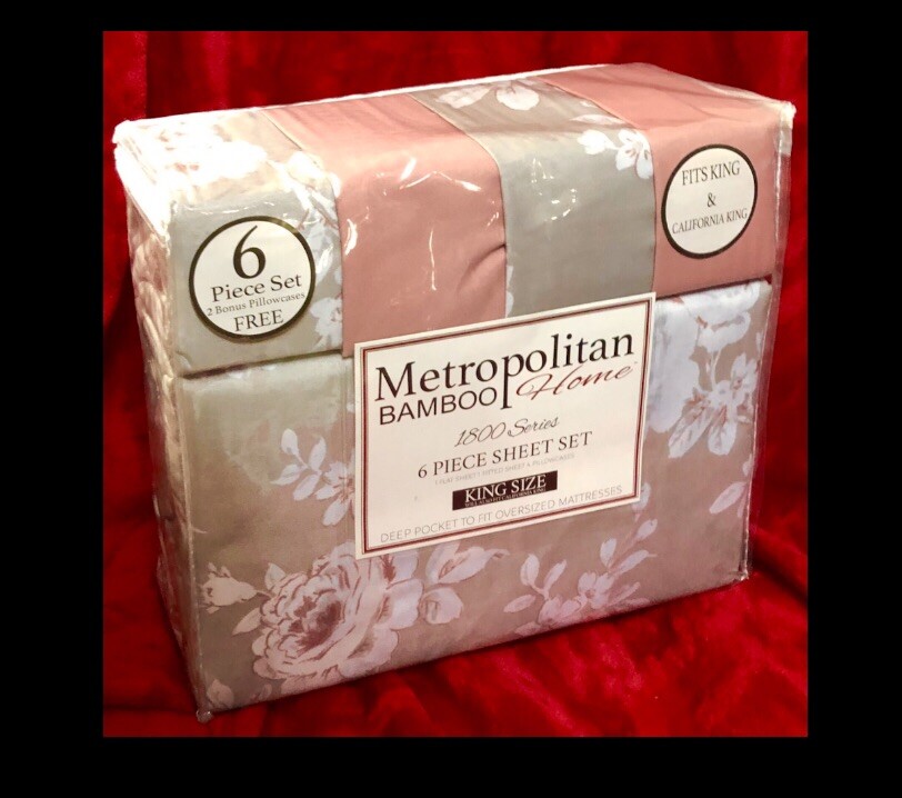 METROPOLITAN BAMBOO 1800 SERIES 6pc SHEET SET KING SIZE, 2 free