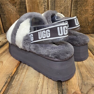 UGG DISCO STRIPE SLIDE PLATFORM SANDAL GREY WOOL SLINGBACK WOMEN