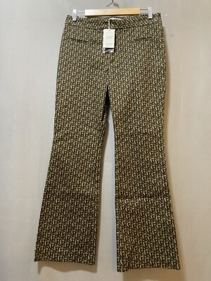 NWT MANGO Women Zip Front Mid-Rise Cotton Monogram Bootcut Pants Size 8 Brown