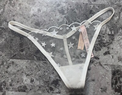 NWT VICTORIA'S SECRET WHITE SILVER SHIMMER STAR NETTED V STRING THONG ...