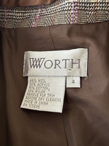 Worth New York Chic Brown/Lilac Plaid Blazer w/ Removable Fur Trim Jacket - Picture 7 of 7