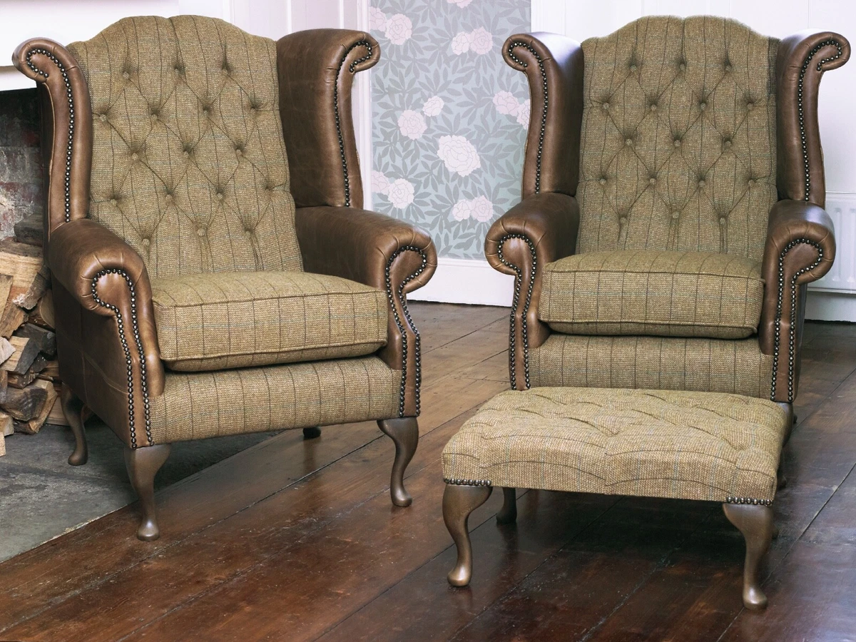 Pair of Queen Anne Wing Back Chairs Footstool in Harris Tweed