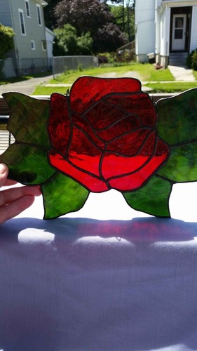 Large Vintage Red Rose Leaded Stained Glass Suncatcher Full Bloom With Leaves - Picture 2 of 10