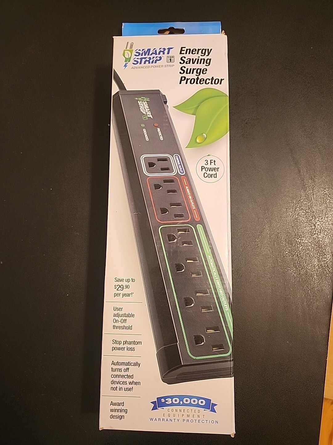 Smart Strip Energy Saving Surge Protector 3ft Power Cord Black 8-55883-00006 New