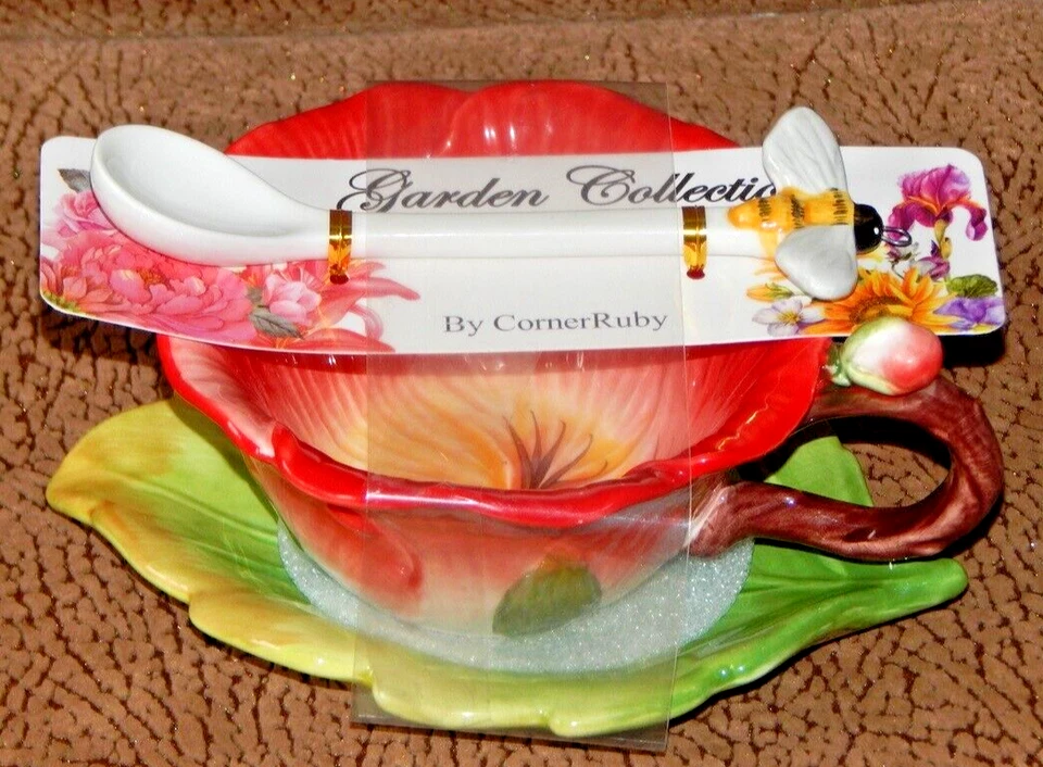 Juego de cuchara platillo hoja taza de té flor roja amapola colección jardín rubí esquina nuevo con etiquetas Foto 2 de 4