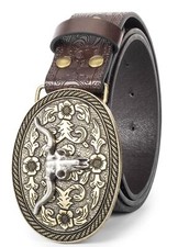 Cow-Head Buckle Western Belt Floral Engraved Leather Cowboy Cowgirl Jeans