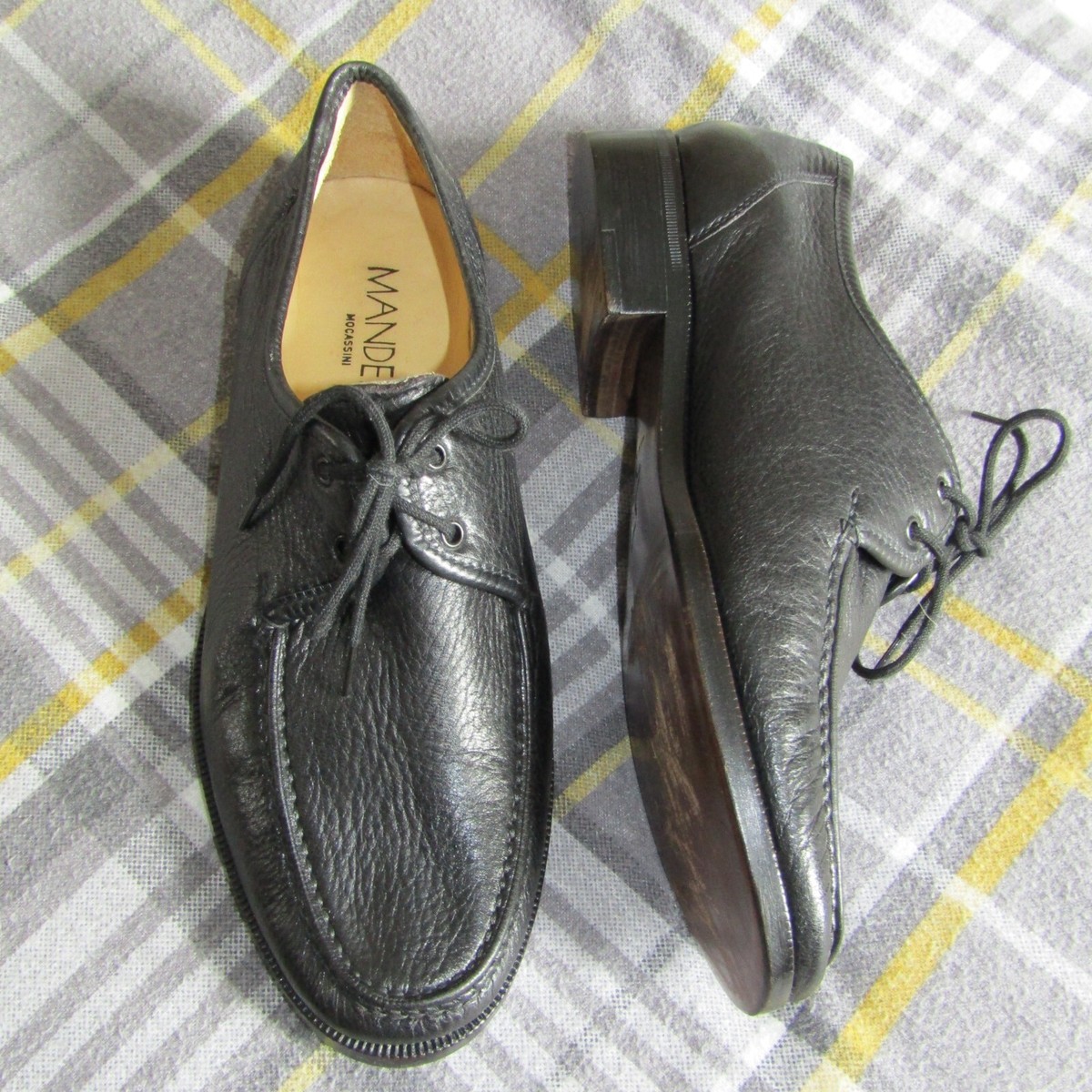 Mandelli mocassini quality soft black grained leather lace up