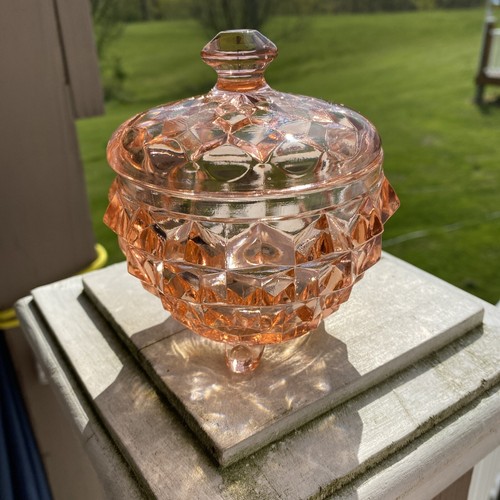 Vintage Pink Depression Glass Vanity Powder Jar Cube Cubist