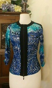 Joseph-Ribkoff-Jacket-Multicolor-Ruched-3-4-Sleeve-Cropped-Shiny-Full-Zip-Sz-2