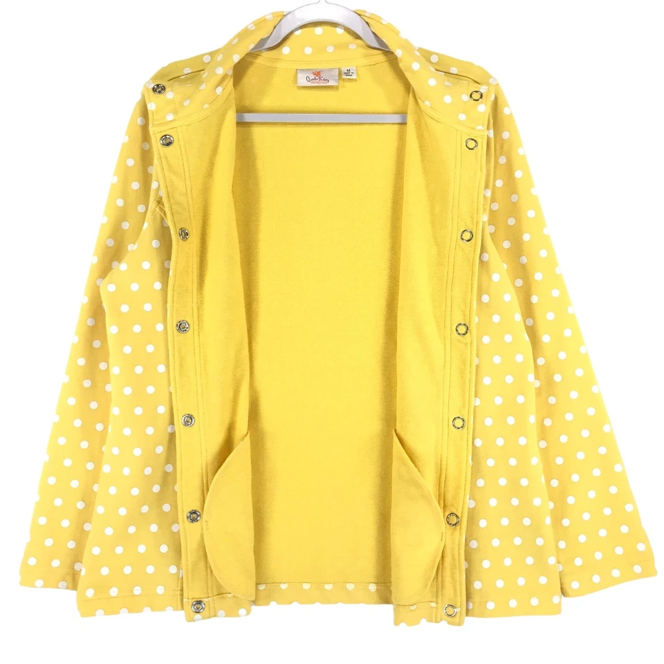 Quacker Factory Knit Jacket Womens M Yellow White Polka Dot 2 Pocket Long Sleeve - Image 3 of 4