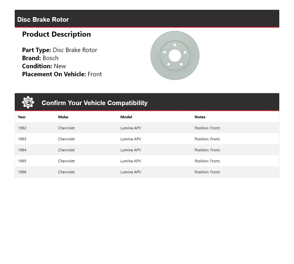 Rotor de freno de disco delantero para Chevrolet Lumina APV Bosch QuietCast 1992-1996 1993 Foto 2 de 4