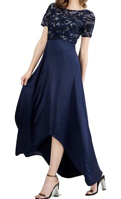ADRIANNA PAPELL Soutache Navy Short Sleeve Hi-Lo Formal Dress Size 12 NWT $249
