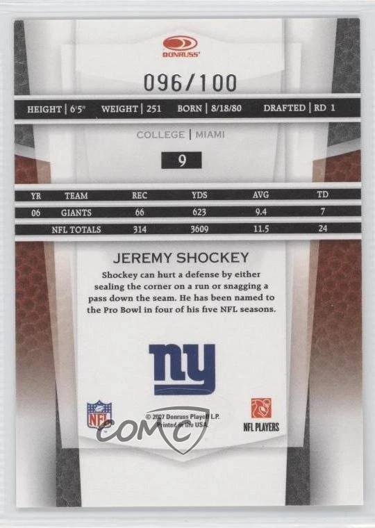 2007 Leaf Certified Materials Mirror Red /100 Jeremy Shockey #9 - Image 2 of 2