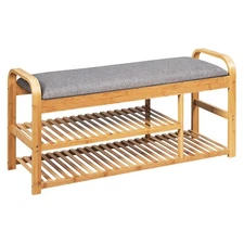 Shoe Rack Entryway 3-Tier Bamboo Shoe Bench Organizer W/Cushion Modern Stool