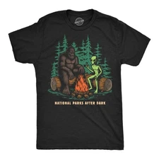 Mens Funny T Shirts National Parks After Dark Sarcastic Bigfoot Alien Graphic