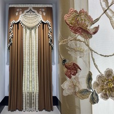 luxury European Embroidery retro valance shade coffee Velvet curtain tulle M1782