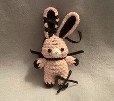 Handmade Crochet Bunny Key Chain Pink with Black Ribbon Accent Cute Amigurumi