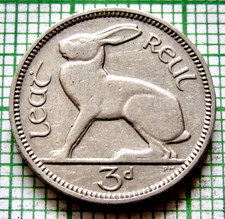 IRELAND 1933 3 PINGIN PENCE THREEPENCE, HARE & Gaelic Harp, NICKEL scratch km# 4