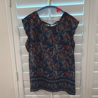 LOFT Paisley Ruffle Flutter Sleeve Scoop Neck Blouse Blue Multicolor Size M