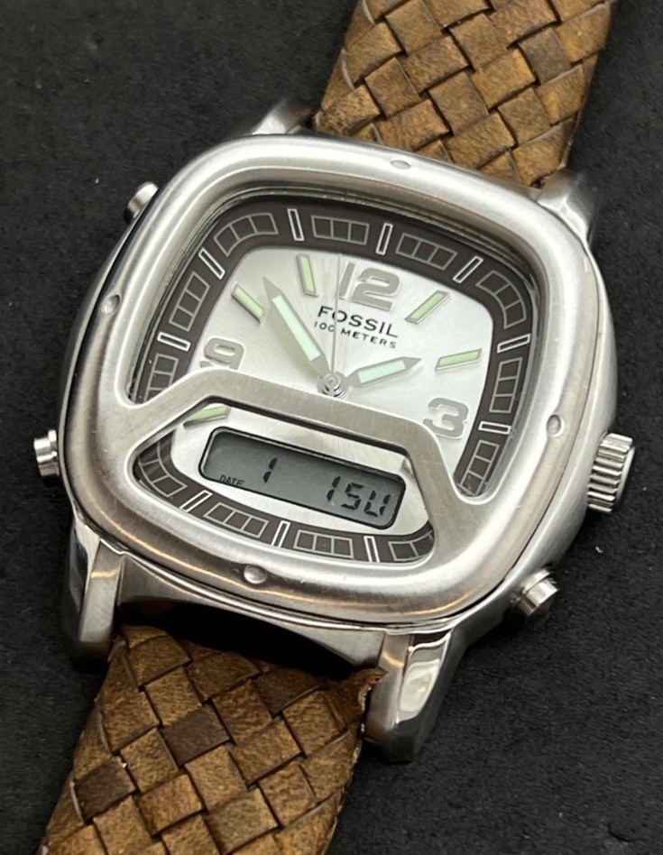 Dial Tan mm Steel 1990 New Ana-Digi FOSSIL Men's Silver 44 100M Quartz Vtg Watch - vintagewatches.pk