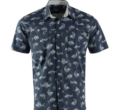 Salt Life Fish 'N Bones Short Sleeve Performance Woven Shirt, Navy, Large
