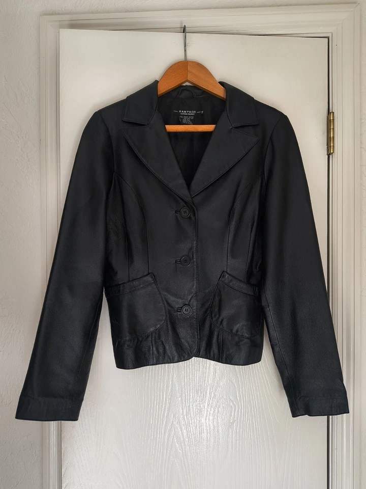 Chaqueta Mediana Negra Cuero Genuino RAMPAGE Forrada Bolsillos Cuello Softshell Foto 2 de 4