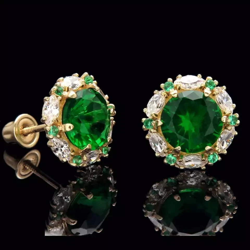 3Ct Lab Created Green Emerald Round Cut Halo Stud Earring 14K Yellow Gold Over
