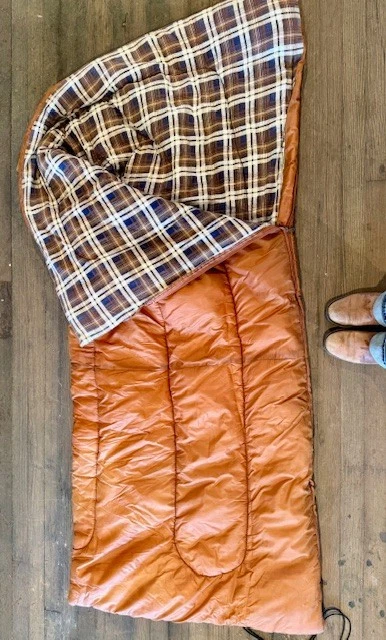 1980's Vintage Sleeping Bag-Orange-Flannel Interior- Retro Summer Camp