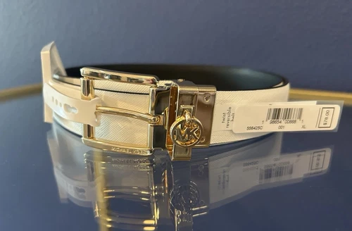 New! Michael Kors X Large Reversible Belt Black White Gold MK logo Charm - Picture 3 of 6