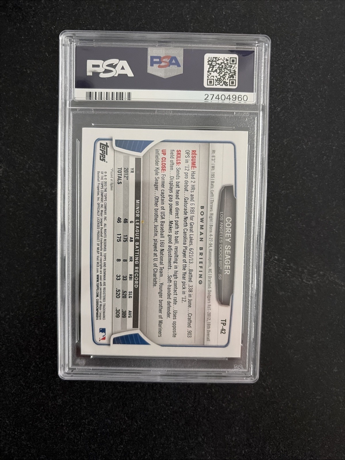 2013 Bowman Draft Picks & Prospects Corey Seager #TP-42 (RC) Dodgers PSA 10 view 2