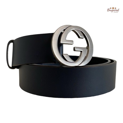 Authentic Gucci Black Leather Silver Interlocking G Buckle Belt Size 90/36