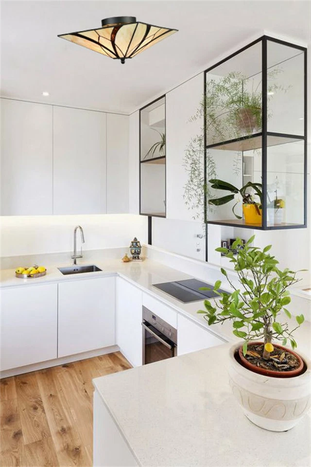 Vintage Semi Flush Ceiling Light Antique Brass Art Colorful Glass Shade 3-Light - Image 3 of 4