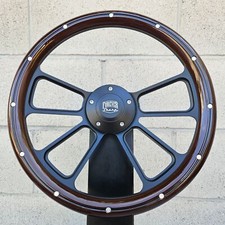 14 Black 4 Spoke Steering Wheel W Wood Half Wrap And Aluminum Rivets Fs Horn