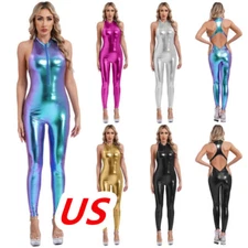 Womens Sexy Gymnastics Bodysuit Shiny Metallic Lingerie Full Body Jumpsuit