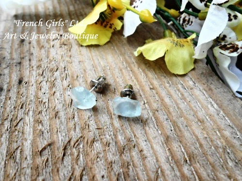 Aqua Blue Sea Glass Tiny Stud Earrings Surgical Steel Post Aquamarine Crystal 