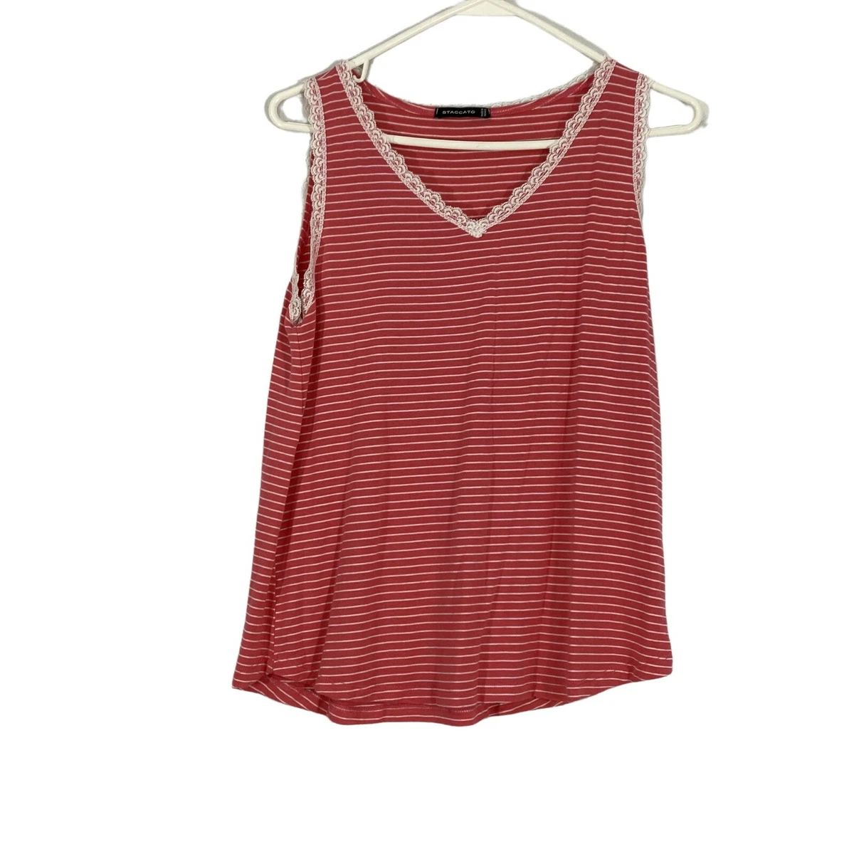 Staccato Womens Pink Striped Lace Trim V Neck Sleeveless Tank Top