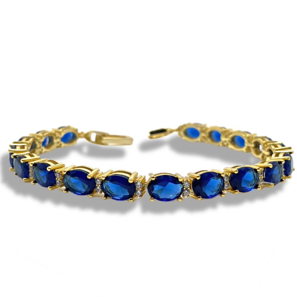 Yellow Gold Finish Oval-Cut Blue Sapphire & Created Diamond Tennis Bracelet - Image 2 of 4