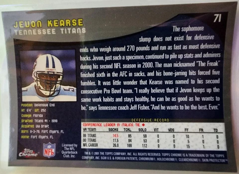 2001 Topps Chrome Jevon Kearse Tennessee Titans #71 - Image 2 of 2