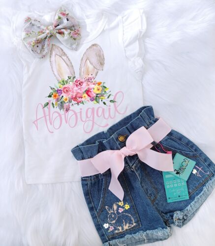 Easter Bunny Rabbit Watercolor Custom Outfit T Shirt Set Toddler Baby Girls Bow