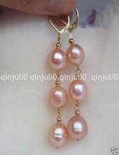 10-12MM PERFECT South Sea Natural Pink Pearl Dangle Leverback Earrings 14K GOLD