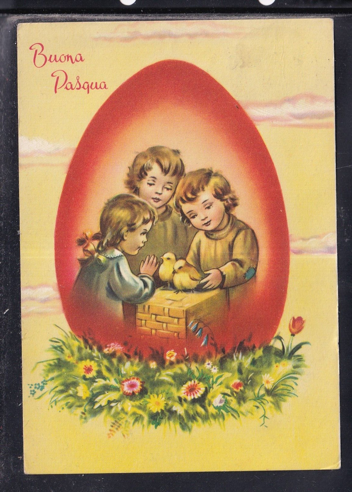 Cartolina Buona Pasqua Bambini Pulcini Fiori ZB873