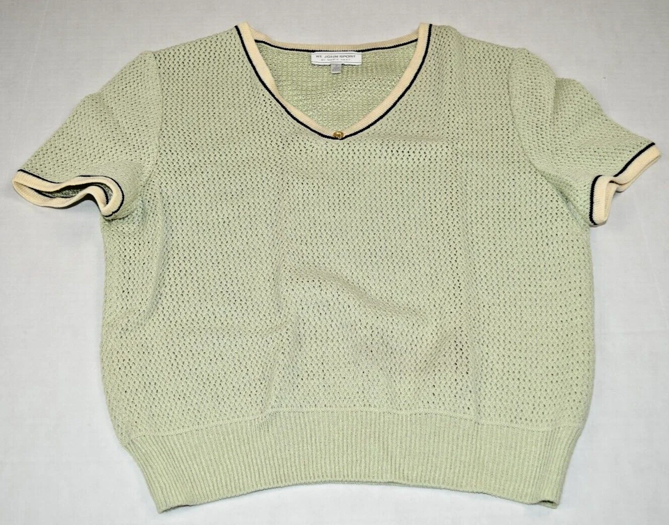 Vintage St John Knit Sweater Size S/M 80s Pale Mint Green Ivory Black Trim - Image 3 of 4