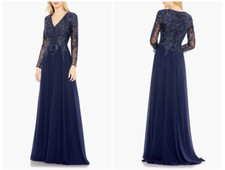 MAC DUGGAL 20388 EMBROIDERED ILLUSIONS V-NECK LONG SLEEVE NAVY GOWN  18