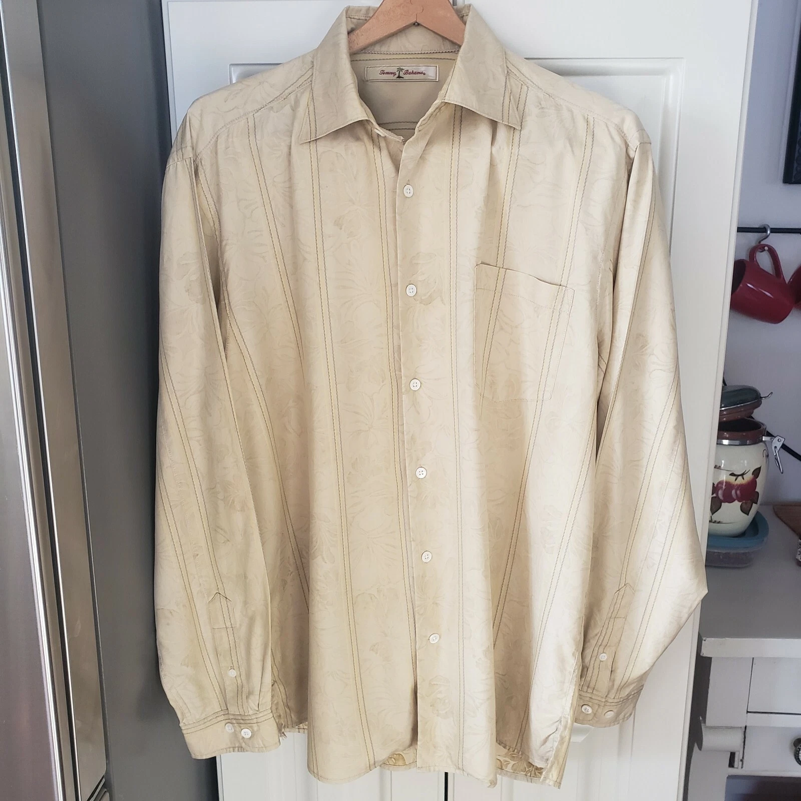Tommy Bahama Beach Floral Silk Blend Sz L Vacation Striped LS Button Down Shirt
