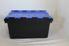 Image of 10 x LARGE New Plastic Crates Storage Box Containers 80L Black Body/Blue Lid LC3