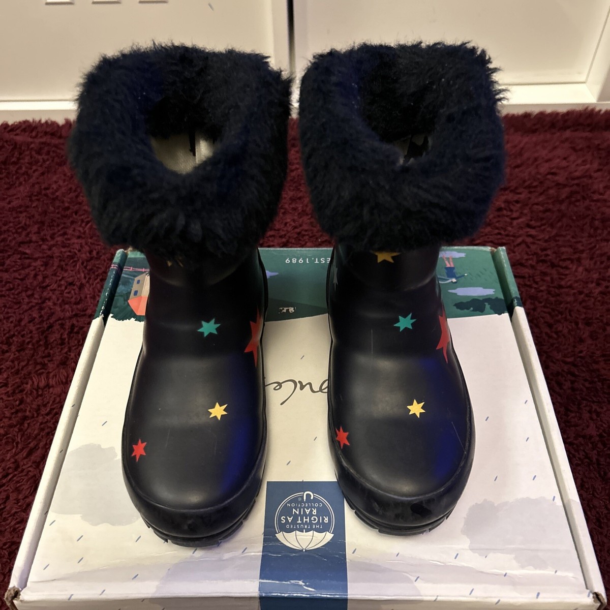 Joules Girls Jnr Chilton Wellies Navy with Stars Faux Fur UK