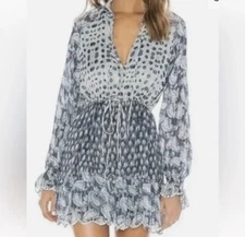 Hemant & Nandita Blue Mini Dress Metallic Thread Abstract Print Size S Lace Trim